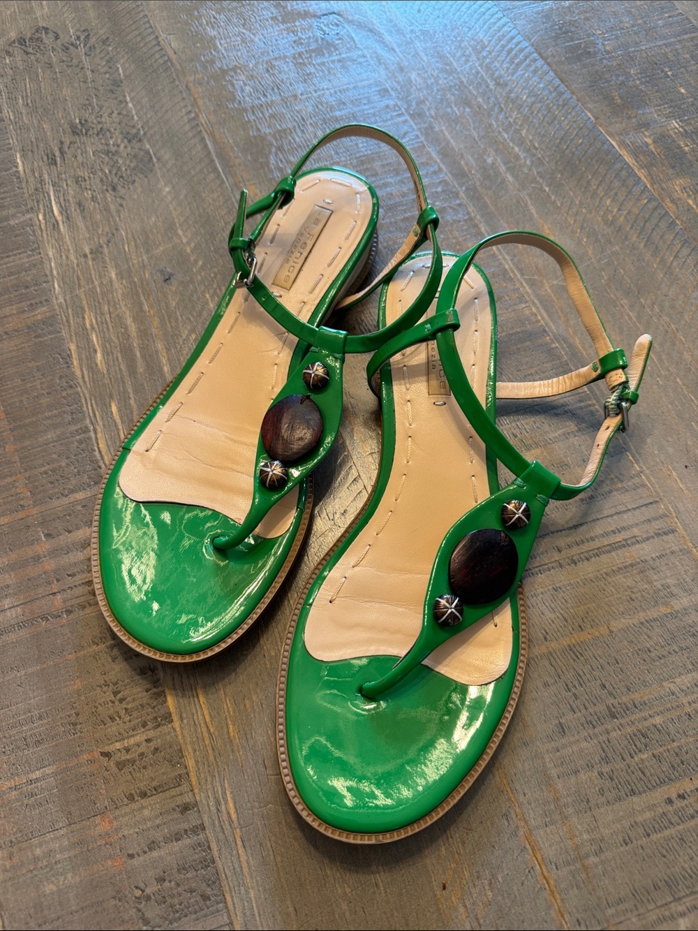 Green Patent T-Strap Sandals with Decorative Accents